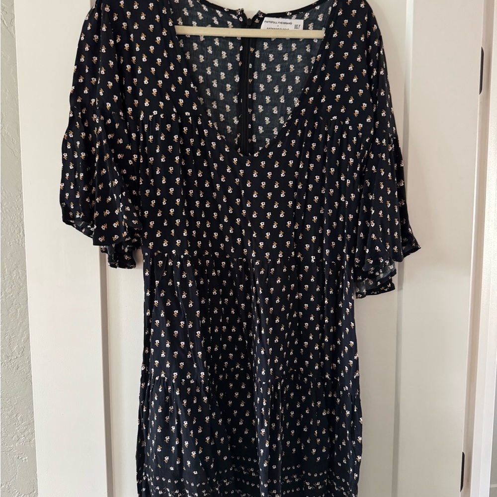 Faithfull the Brand x Anthro Black Dress with White and Brown Floral Design